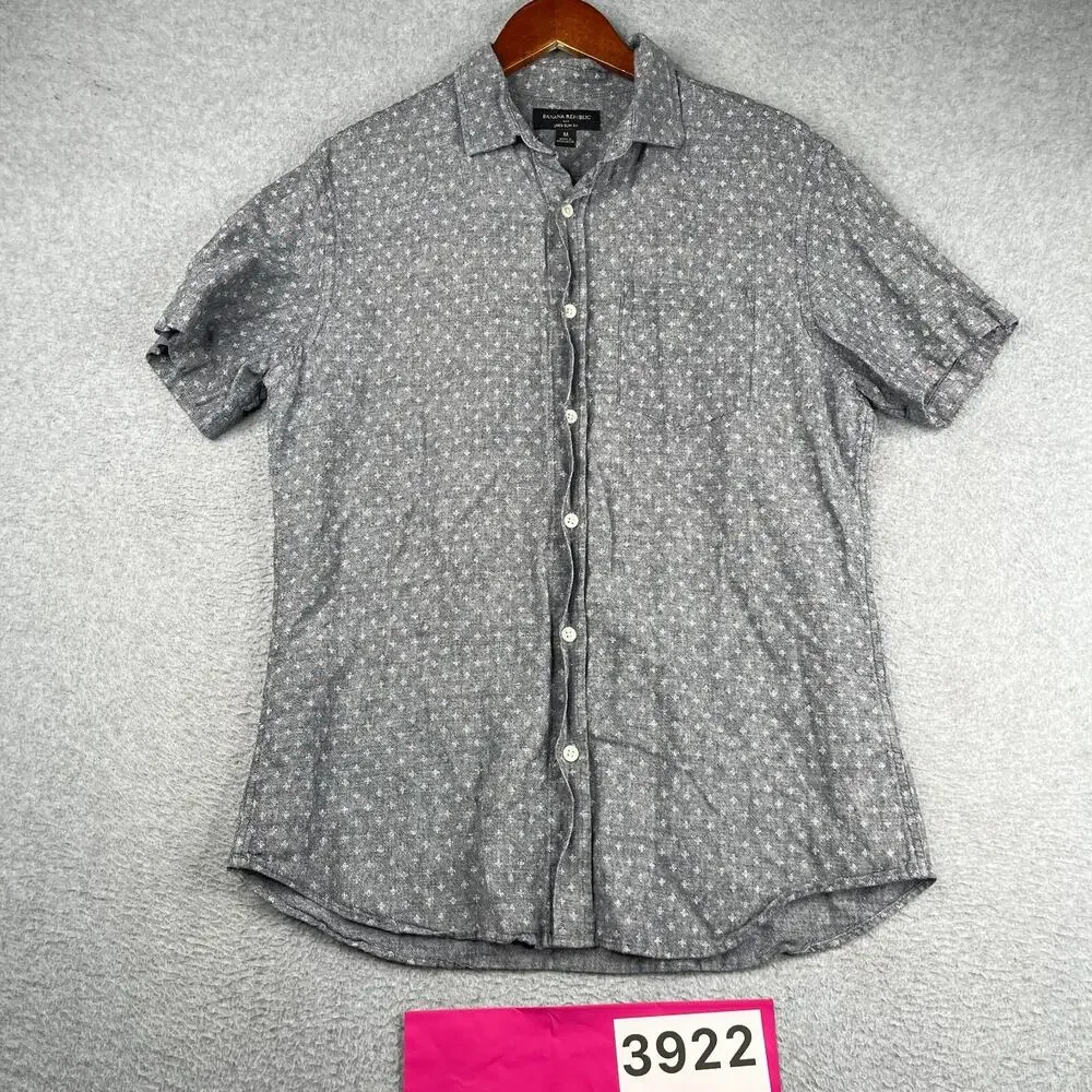Banana Republic Linen Slim Fit Shirt Gray Casual Button Up Short Sleeve Mens M